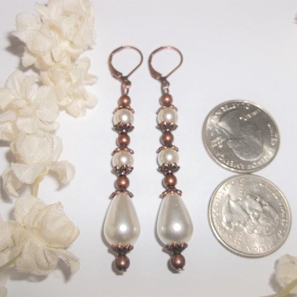 Long White Faux Pearl Earrings Rustic Copper Boho Bohemian Victorian Style 6928 - Picture 3 of 8